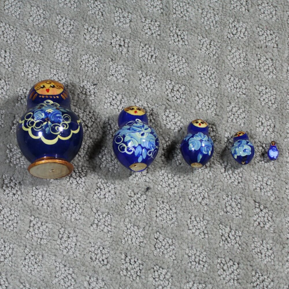 Set of 5 Blue Russian Lady Nesting Dolls - 3 in Tall